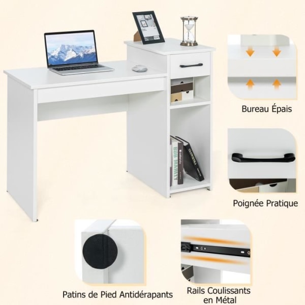 COSTWAY computerbord med skuffe og pc-stativ, computerbord med 2-lags opbevaringshylde, 102x50x82 cm, hvid
