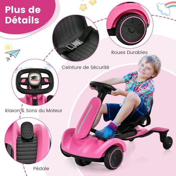 COSTWAY Driftable Electric Kart 6V/5 Ah för barn med 5 hjul, justerbar sits, ratt, 360° rotation, 5 km/h, 3-8 år, rosa Rosa