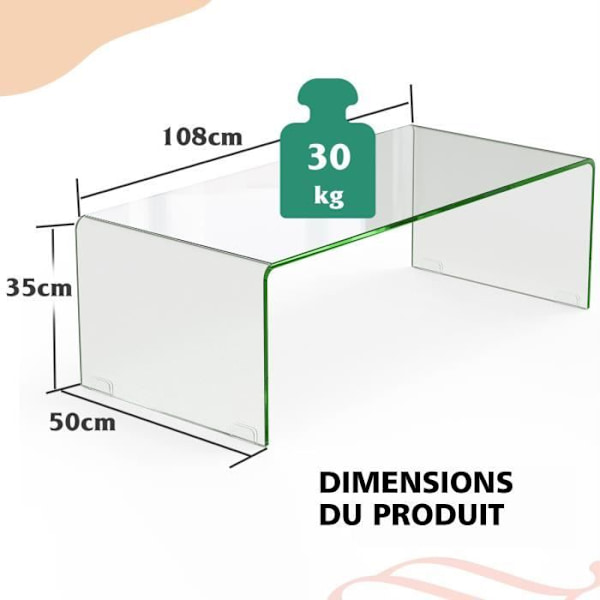 COSTWAY rektangulært sofabord af hærdet glas, 108x50x35 CM, U-formet stuebord med glatte afrundede kanter Belastning 30 kg