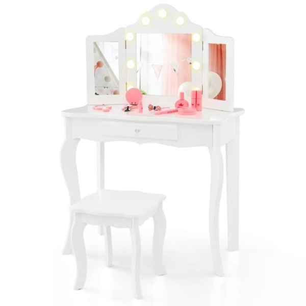 COSTWAY 2 i 1 toalettbord för barn med pall, 3-färgad LED-spegel, fällbart äkta glas, låda, vit