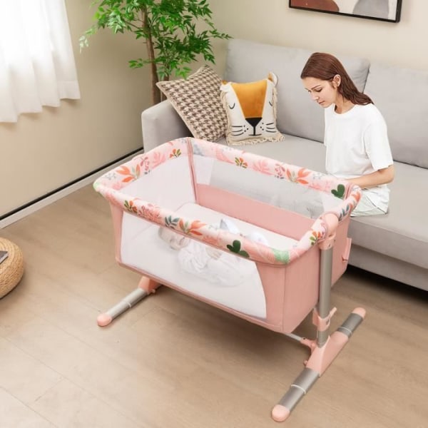 COSTWAY Baby Co-Sleeping Bed Vikbar vagga - Mjuk madrass - 4 justerbara höjder - Säkerhetsremmar - Infällbara fötter - Bärbar väska, 5 månader Rosa