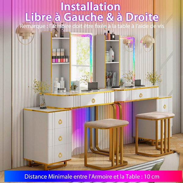 COSTWAY-kaappipöytä jakkaralla ja peilillä, himmennettävä RGB-LED-valo, langaton latausasema, USB, Type-C, kaukosäädin, valkoinen Vit