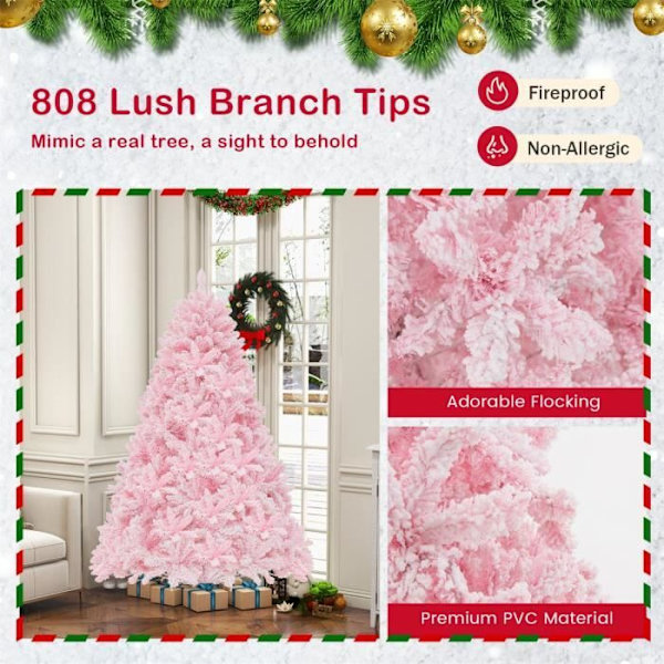 COSTWAY Flocked kunstigt juletræ 185 cm 350 LED-lys i 4 farver og 8 dynamiske tilstande med 808 lyserøde PVC-grene Rosa
