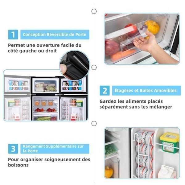 COSTWAY 90L kompakti jääkaappi - 2 ovea - laajakulmainen LED-valo - 7 lämpötila-asetusta - irrotettavat hyllyt - hiljainen - hopea