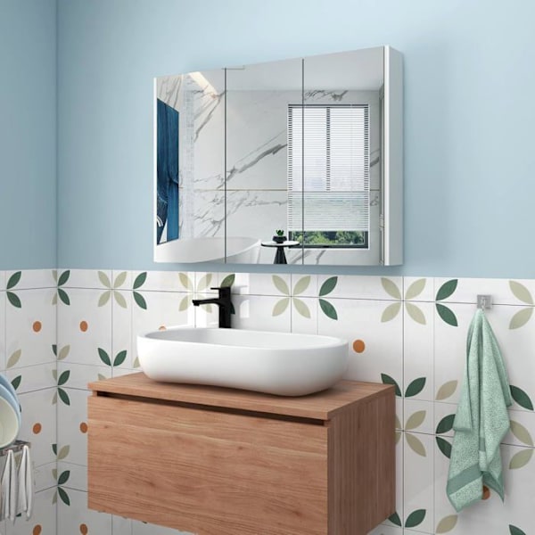 COSTWAY kylpyhuonekaappi peilillä ja 3 ovella 90x11x65 (LxLXK) CM WC-säilytysyksikkö seinäpeilillä