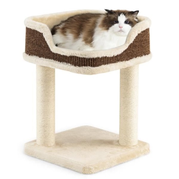 COSTWAY 50 cm kattträd med 2 naturliga sisalskrapstolpar, plyschabborre, kompakt kattträdstorn för kattunge/katt, beige