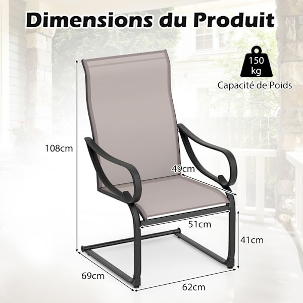 COSTWAY Set med 2 C-formade Trädgårdsstolar med Fjädrar, Hög Sittplats och Ryggstöd i Nätmaterial, Armstöd, för Patio, Gård, Pool Grå