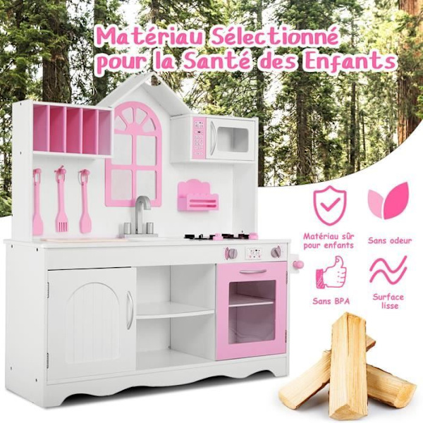 COSTWAY Barnkök Trämatplats med diskbänk, ugn, mikrovågsugn, spis, 3 spatlar, 109 x 32 x 106,5 cm Rosa Rosa, Vit