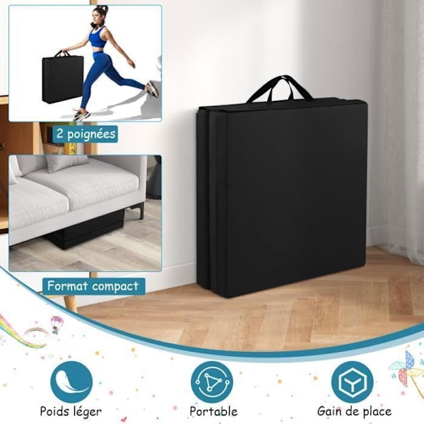 COSTWAY kokoontaittuva kuntosalimatto-180 x 60 x 5 cm-3 kerros kahva-koukku- ja silmukkakiinnikkeillä-vedenpitävä PU EPE -täyte-musta