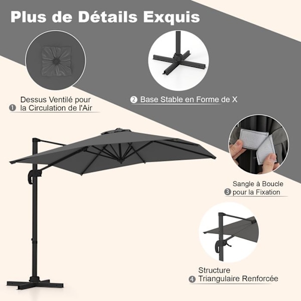 Parasol Deporter 245cm-Korsben-COSTWAY-360° Rotation-5 Justerbare Lægninger- 8 Spiler-Kurve- Kvadratisk til Have- Grå