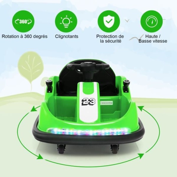 COSTWAY 360°/6V elektrisk stötfångarbil för barn - 2,4G fjärrkontroll, dubbla joystick, LED-lampor för 1,5-6 år gammal Grön