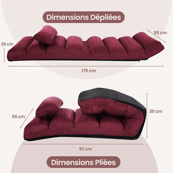 COSTWAY Hopfällbar Relax Fåtölj Justerbart Ryggstöd 5 Positioner i Faux Mocka Golvstol för Vardagsrum, Office-175x55x25CM Burgundy Red Röd Bordeaux