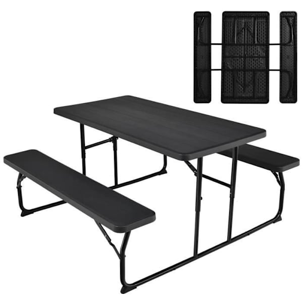 COSTWAY campingbord med 2 foldbare bænke - 4 til 6 personer - til Picnic-Camping Sort