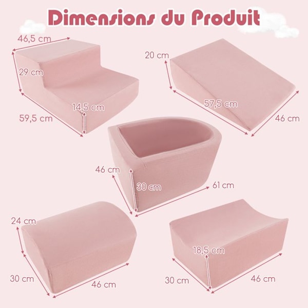 COSTWAY Foam Building Blocks - för barn i åldrarna 3+ - 5 stycken - Maskintvättbara överdrag med dragkedjor - Rosa