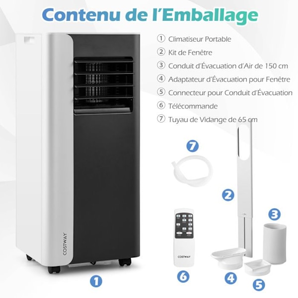 COSTWAY 4 i 1 R290 Bärbar Luftkonditionering 7000BTU, Kylfläkt Avfuktare, 24H Timer, Fjärrkontroll, för 28㎡ Svart