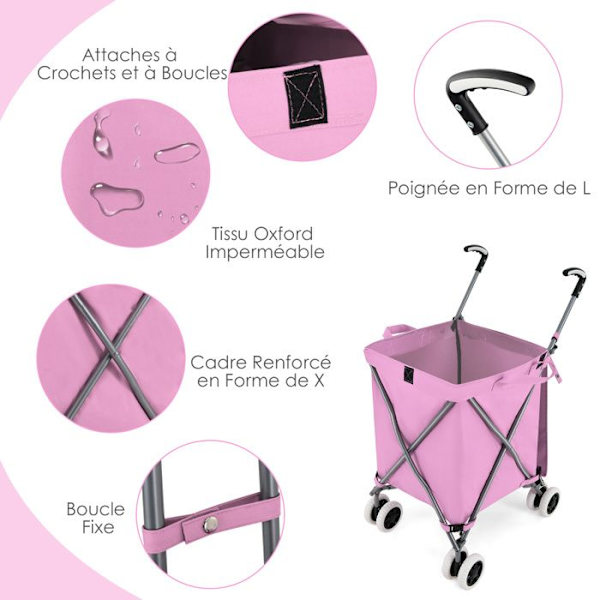 COSTWAY-90 L Sammenfoldelig Indkøbskurv-360° Bremsning og Styring-Oxford Taske-Vandtæt-Stålramme-54kg Kapacitet-Pink Grå Rosa Röd