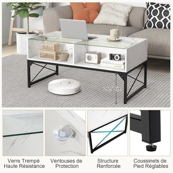 COSTWAY soffbord med LED-lampor, faux marmorskiva, härdat glas, fjärrkontroll ingår, 4 förvaringskuber, vit Vit