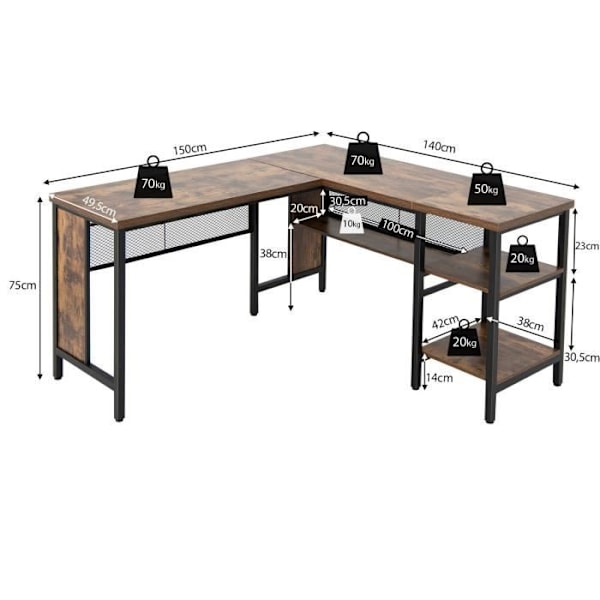 COSTWAY industrielt L-formet hjørneskrivebord, 150 x 140 x 75 cm Rummelig bordplade & 3 åbne hylder, rustik brun Rustik brun
