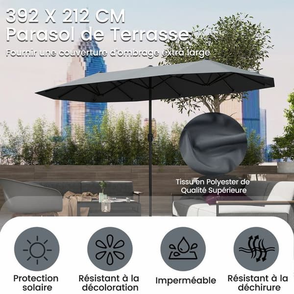 COSTWAY Rektangulær Haveparasol 392 x 212 x 222 cm - 12 Robuste Spiler - Krog til Terrasse Grå