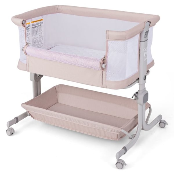 Samsovande babysäng med 2,5 cm madrass COSTWAY-Från födseln-9 kg-6 höjder-4 hjul-hopfällbar bärbar-Förvaringshylla-Beige