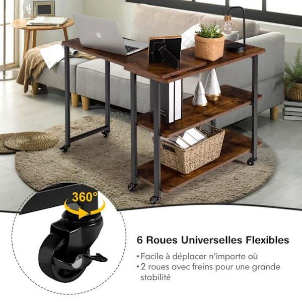 COSTWAY Hjørneskrivebord på hjul med 3 L-formede hylder, computerbord med robust metalstel, 80 x 71,5 x 67 cm rustikt brunt