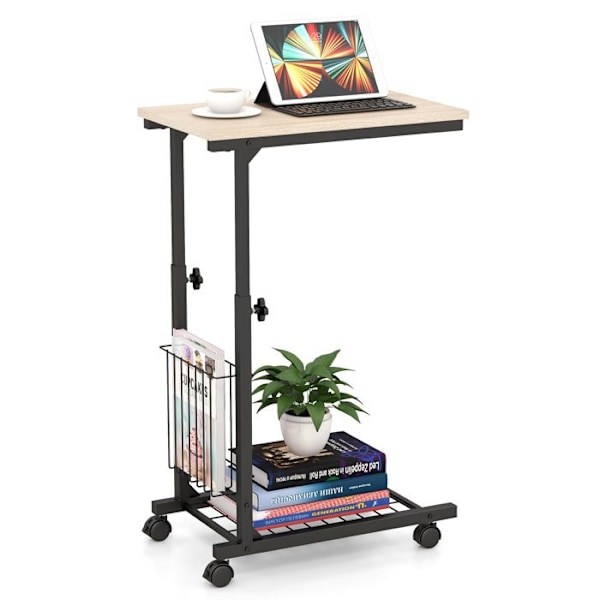 COSTWAY C-formad Sidobord, Höjdjusterbar 58-80 cm, med Förvaringskorg, för Soffa, Naturlig