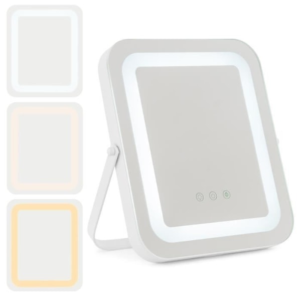 COSTWAY Square Makeup Spejl 25x30CM - Justerbart LED-lys, berøringsskærm, 360° rotation, hukommelsesfunktion, metalstativ