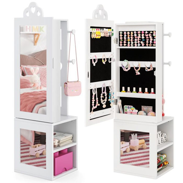 COSTWAY 3 in 1 Kids Jewelry Armoire täyspitkällä peilillä, vaateteline, korujen säilytys, valkoinen