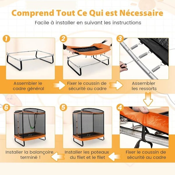COSTWAY studsmatta för barn rektangulär 190x122cm 3 i 1 med gunga, horisontell stång-40 galvaniserade fjädrar 100 kg-gul svart och orange