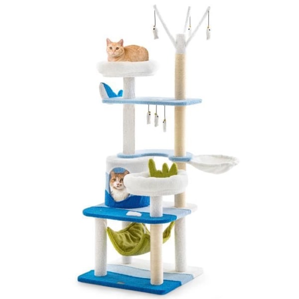 COSTWAY Cat Tree 165 CM - Condo, Kradsestolper, Hængepumper, Hængekøje, Top Perch, Basket Bed - Ocean Theme