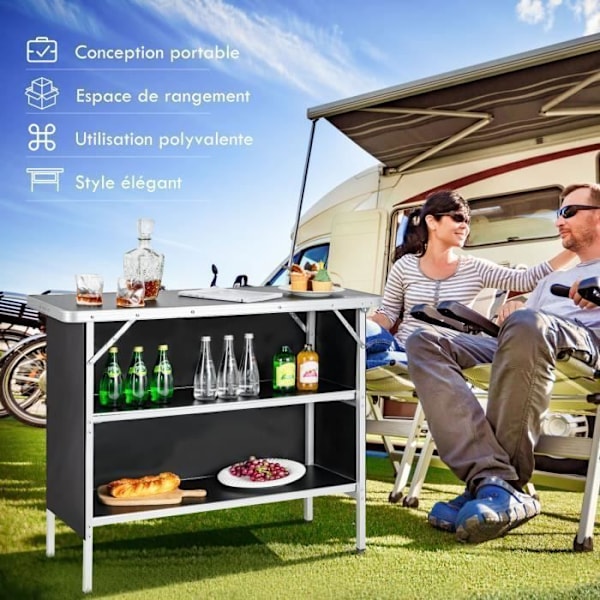 COSTWAY Sammenklappelig campingbord 110 x 38 x 88 cm - i Aluminium, Oxford-stof - 3 Hylder - Transporttaske til Picnic, Have Sort