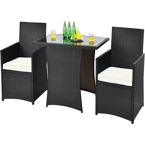 Ensemble 3 pièces table et chaises de jardin COSTWAY en rotin PE anti-UV - salon de jardin avec coussin amovible Blandat brunt