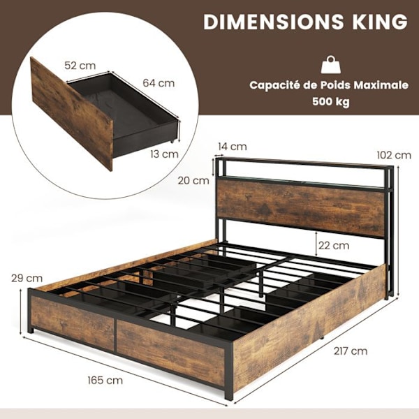 COSTWAY King -parivuode 160 x 200 CM aikuisille, LED-valo, APP-ohjaus, sängyn runko sängynpäädyllä, latausasema Rustik brun och svart