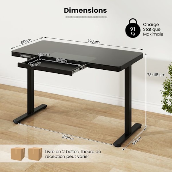 COSTWAY elektrisk sidde-stå skrivebord 120x60x73-118CM skuffe, justerbar højde, hærdet glas top, USB Type-C stik, sort Svart vit