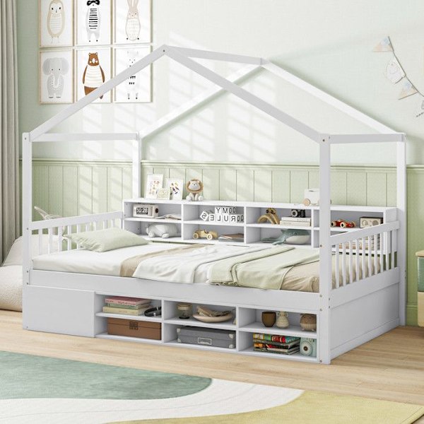 COSTWAY enkeltseng 90x200 cm med tag, 14 opbevaringskuber, garderobe med dør, børneseng med lamelbund Vit