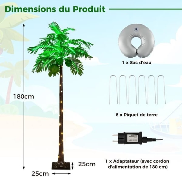 COSTWAY konstgjord palm med 309 lysdioder, höjd 180 cm, kokosnötsmönsterlampa i hawaiiansk stil för inomhus- och utomhusbruk