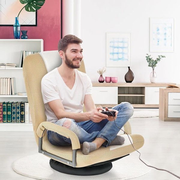 COSTWAY Fældbar Relax Stole, 360° Drejebase, Justerbart Ryg i 6 Positioner, Maksimal Belastning 150 KG Beige Beige och vit