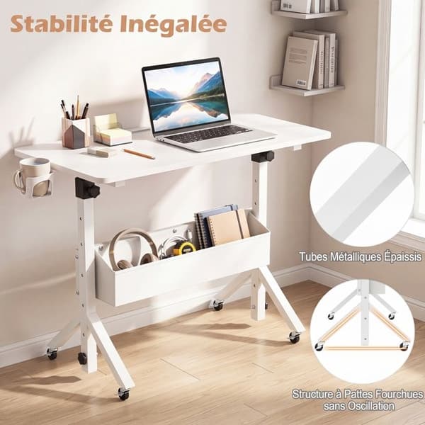 Bureau Assis-Debout COSTWAY Justerbar 6 Höjder 80×40cm Triangulära Ben Låsbara Hjul Tygficka Koppställ Vit