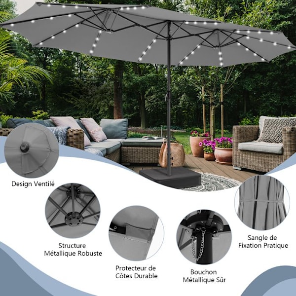 Dobbelt XXL Haveparasol 48 LED - COSTWAY - 470 x 280 x 246 cm - Base og Sandpose - Solpanel - Rektangulær Grå