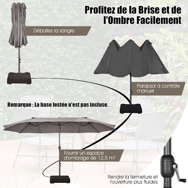 COSTWAY Parasol Dubbel Trädgård XXL - 470x280x245 cm, 12 Spikar, Vevarsystem, Metallram, Polyesterduk, Mörkgrå