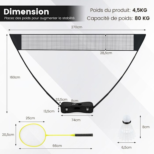 COSTWAY bærbart badmintonsæt - Net, 2 ketchere, 2 fjerbolde - 270 x 33,5 x 160 cm - Opbevaringsetui - Metalrør - Sort