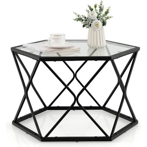 COSTWAY geometrisk sofabord med hærdet glasplade, sekskantet sidebord, moderne stil til stuen, 65x56x40 cm, sort