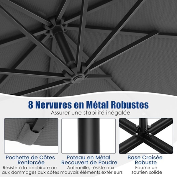 Parasol Déporté 300 x 250 cm-COSTWAY-med 40 LED - Korskors - Lutningsjustering - Veva - 360° Rotation - Grå