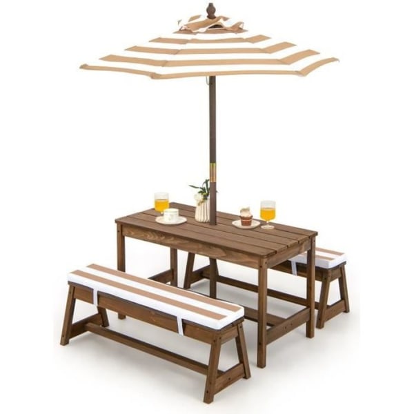 COSTWAY-bord och 2 trädgårdsbänkar med parasoll och grankuddar Picknickbord för 4 barn Beige-Vitrandigt