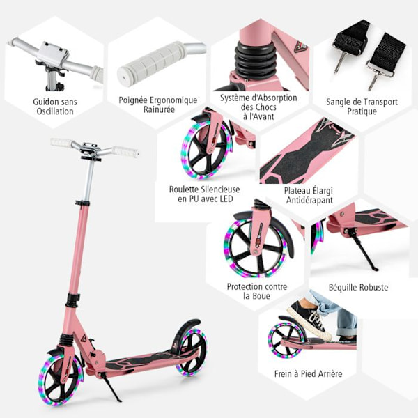 COSTWAY Sammenklappelig Kickbike til Børn 2 Hjul Belyst med T-formet Stang 3 Højder Justerbare Skridsikker Platform 100KG Lyserød