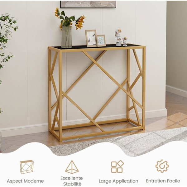 Konsolbord - COSTWAY - Entrémøbler, sort hærdet glasplade, guldmetalstel 80 x 30 x 75 CM, geometrisk design
