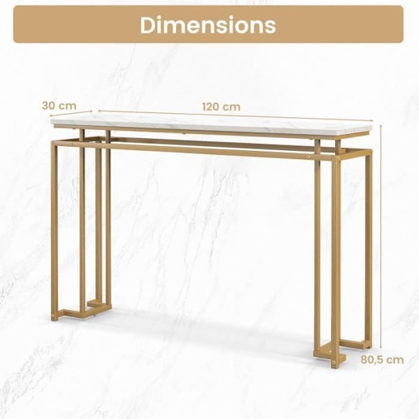 COSTWAY Konsol indgangsmøbler, marmoreffekt - 120 x 30 x 80,5 CM - Skandinavisk konsolbord Guld Metalstel til entre, stue vitt och guld