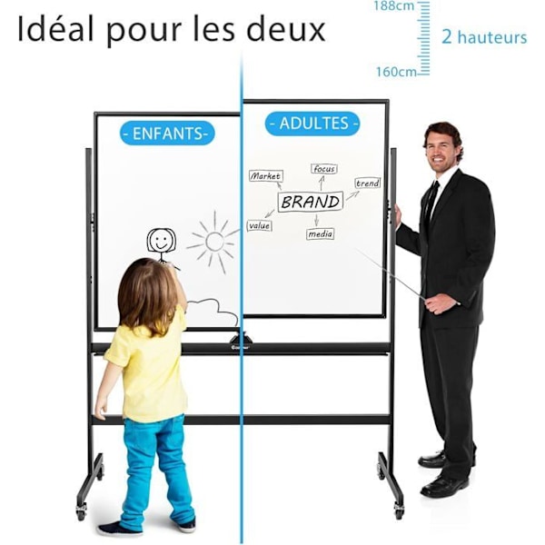 COSTWAY Fristående Whiteboard 360° Vändbar 90x120cm med 4 hjul Höjdjusterbara torrradsmagneter 6 markörer