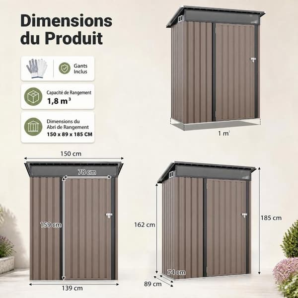 Uteförråd 150x89x185cm COSTWAY - Ljus PC-panel - Lutande tak - Ventilationsöppning - Låsbart dörr - Handskar - Brun