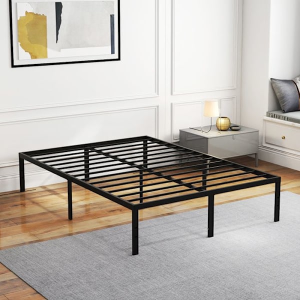 COSTWAY Queen Bed 140 x 200 cm, Metallitasoinen sängyn runko, Jalusta rautaisella säletuella, Sängyn alla säilytystilaa